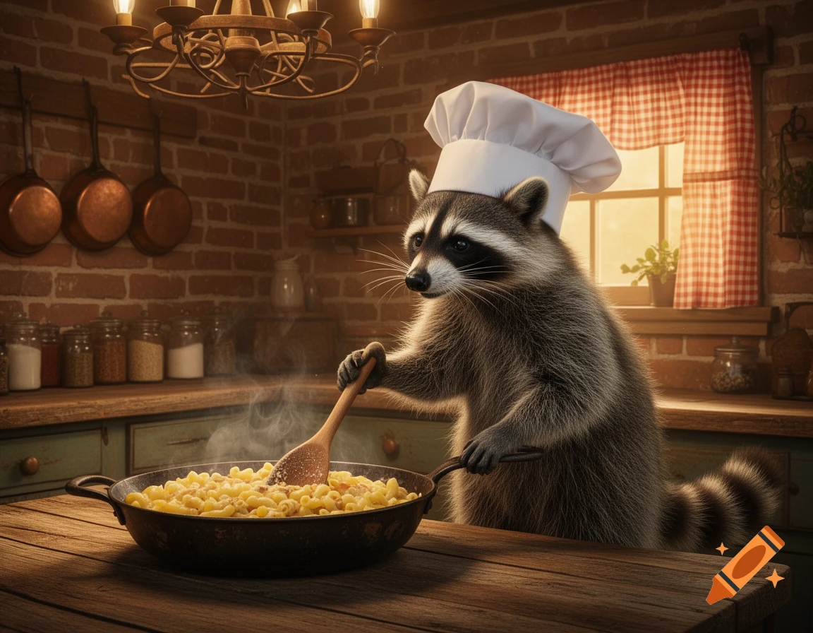 Photorealistic raccoon in a chef hat stirring macaroni in a skillet in a rustic kitchen.
