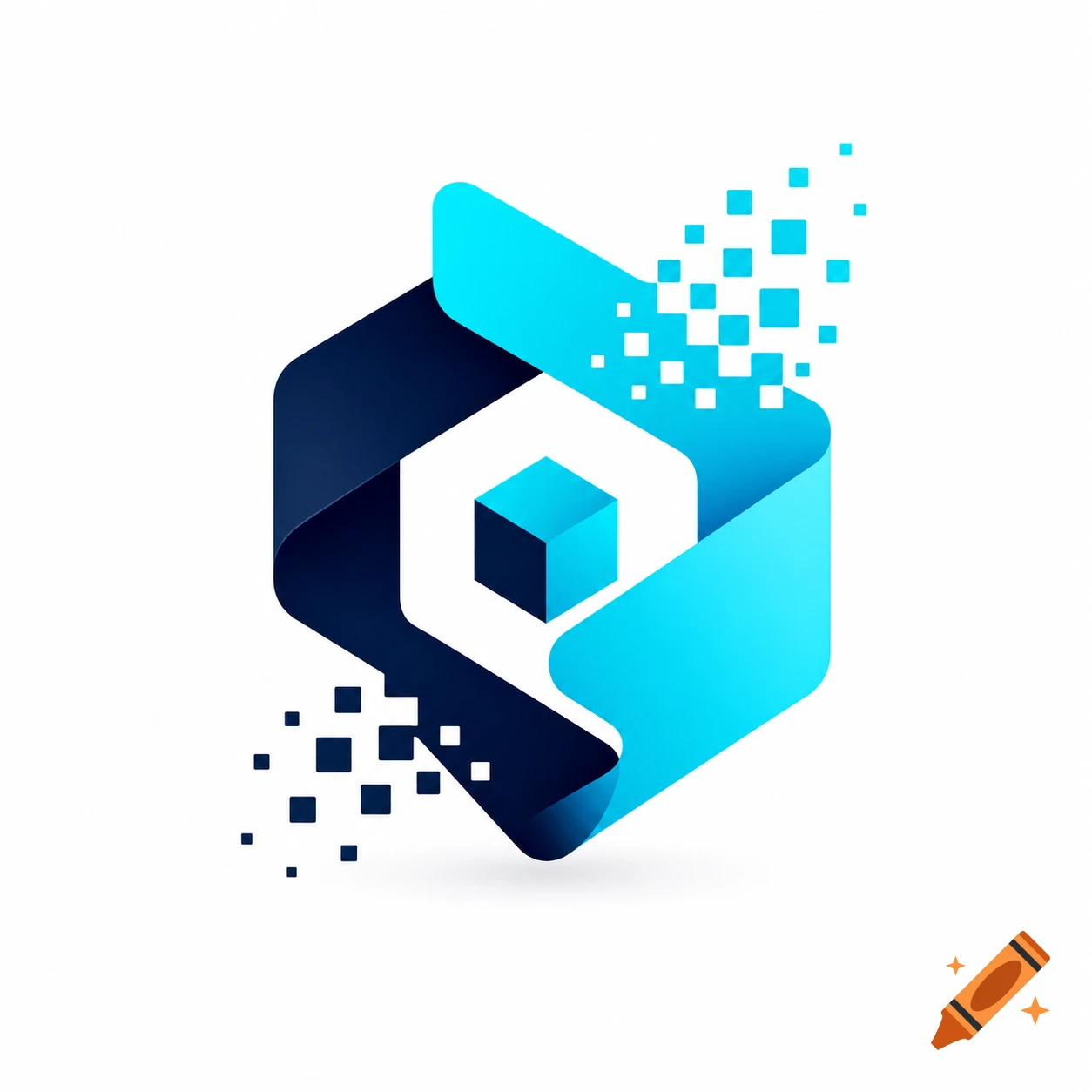 Abstract logo with intertwined dark blue and light blue ribbon shapes forming a hexagon around a small cube, with parts dissolving into pixels.