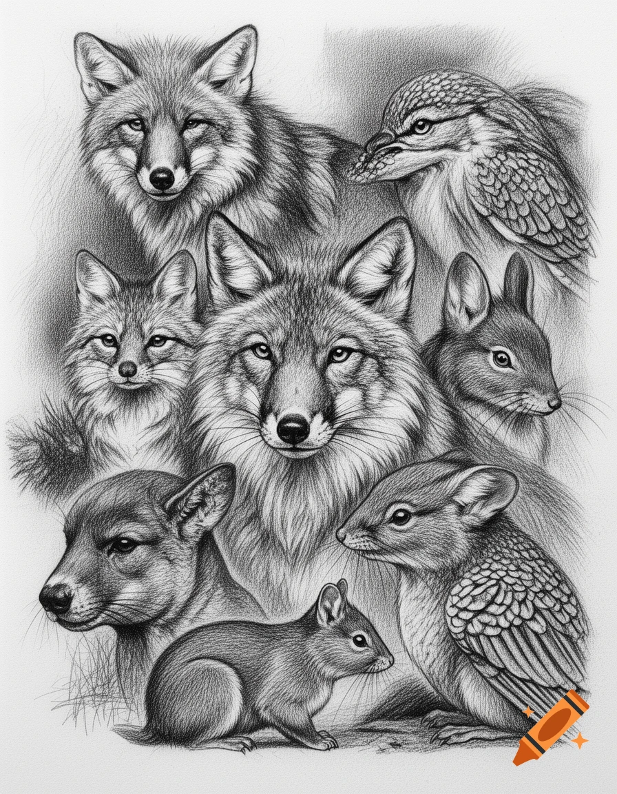 A detailed pencil drawing of multiple wild animals including foxes, a bird, and rodents, rendered with dark lines and shading.
