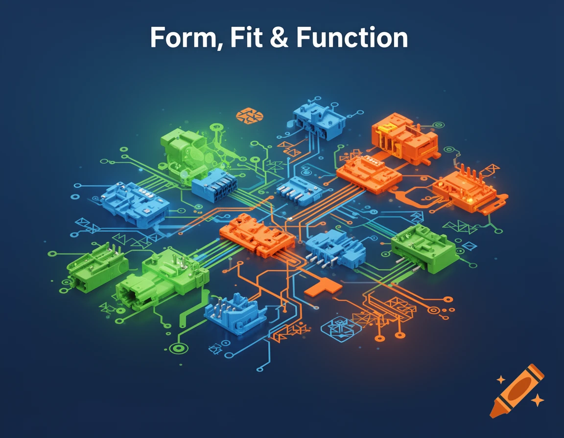 A diagram of colorful electrical interconnectivity components (green, blue, orange) on a circuit board background with text "Form, Fit & Function" at the top.