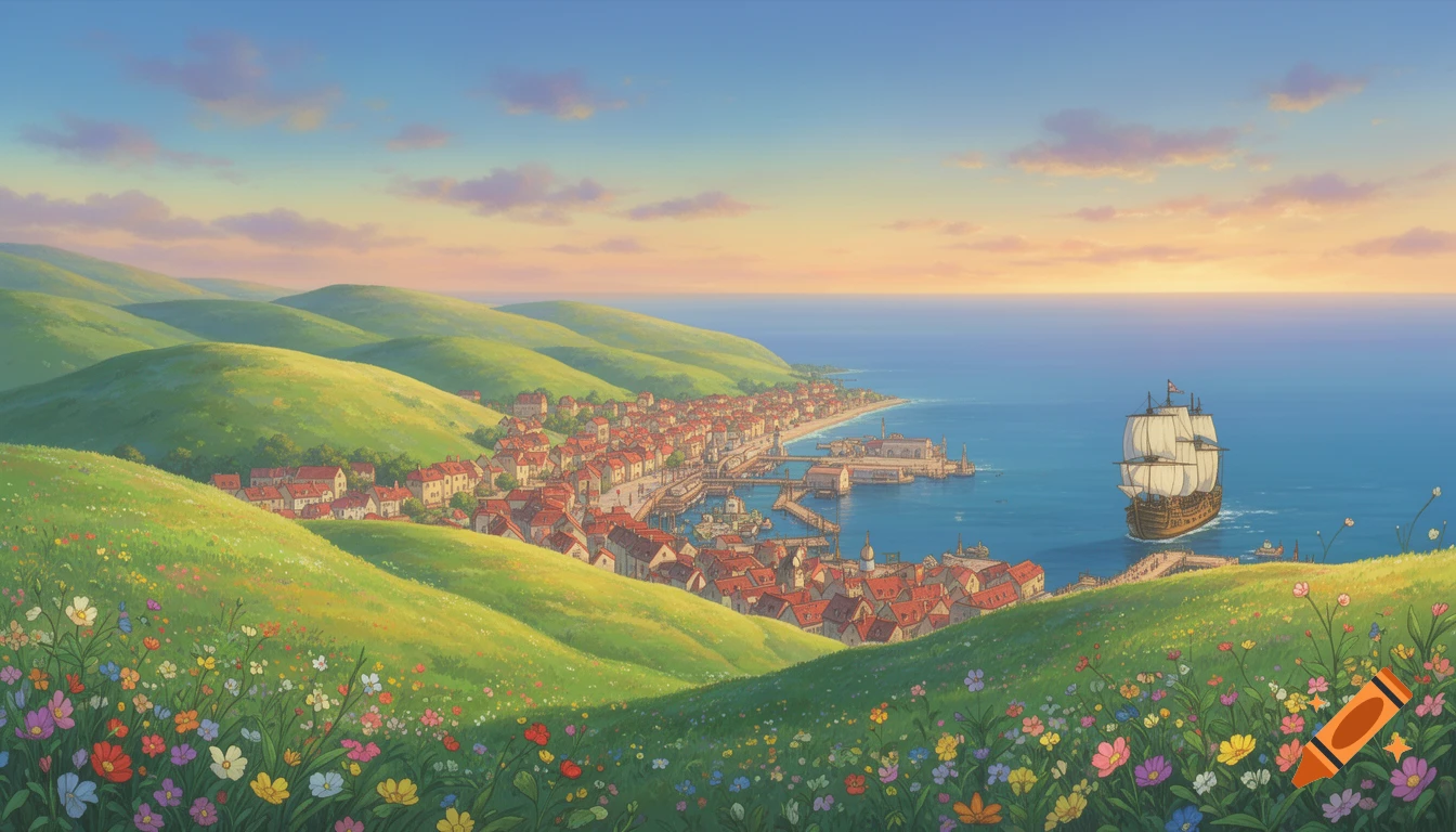A Studio Ghibli style landscape with rolling green hills and wildflowers overlooking a port city, a sailing ship, and the ocean at sunset.
