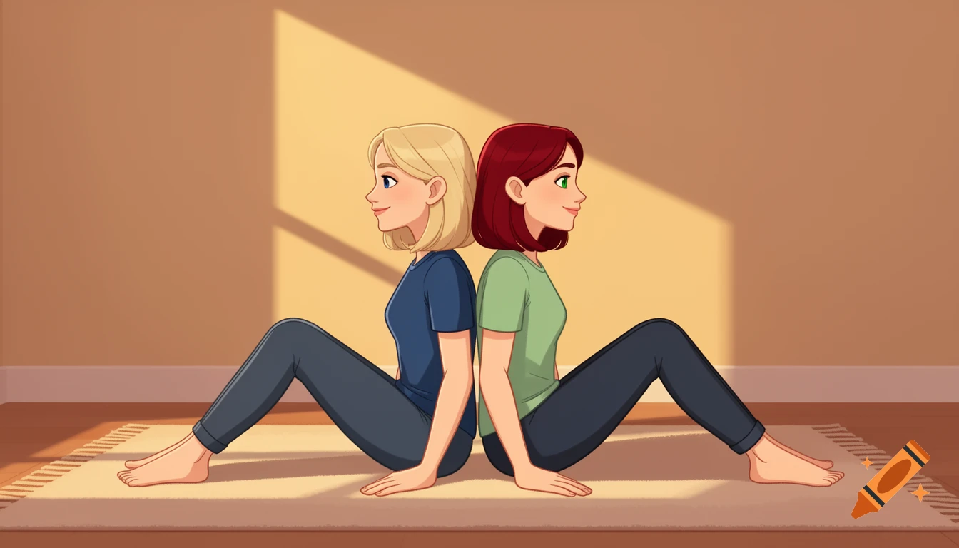 Two cartoon sisters with blonde and red hair sit back-to-back on a rug in a room with warm sunset light.