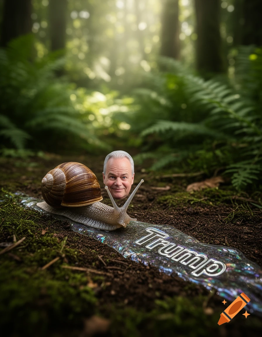 A photorealistic image of a snail with Gianni Infantino's head, leaving a shimmering 'Trump' slime trail in a forest.