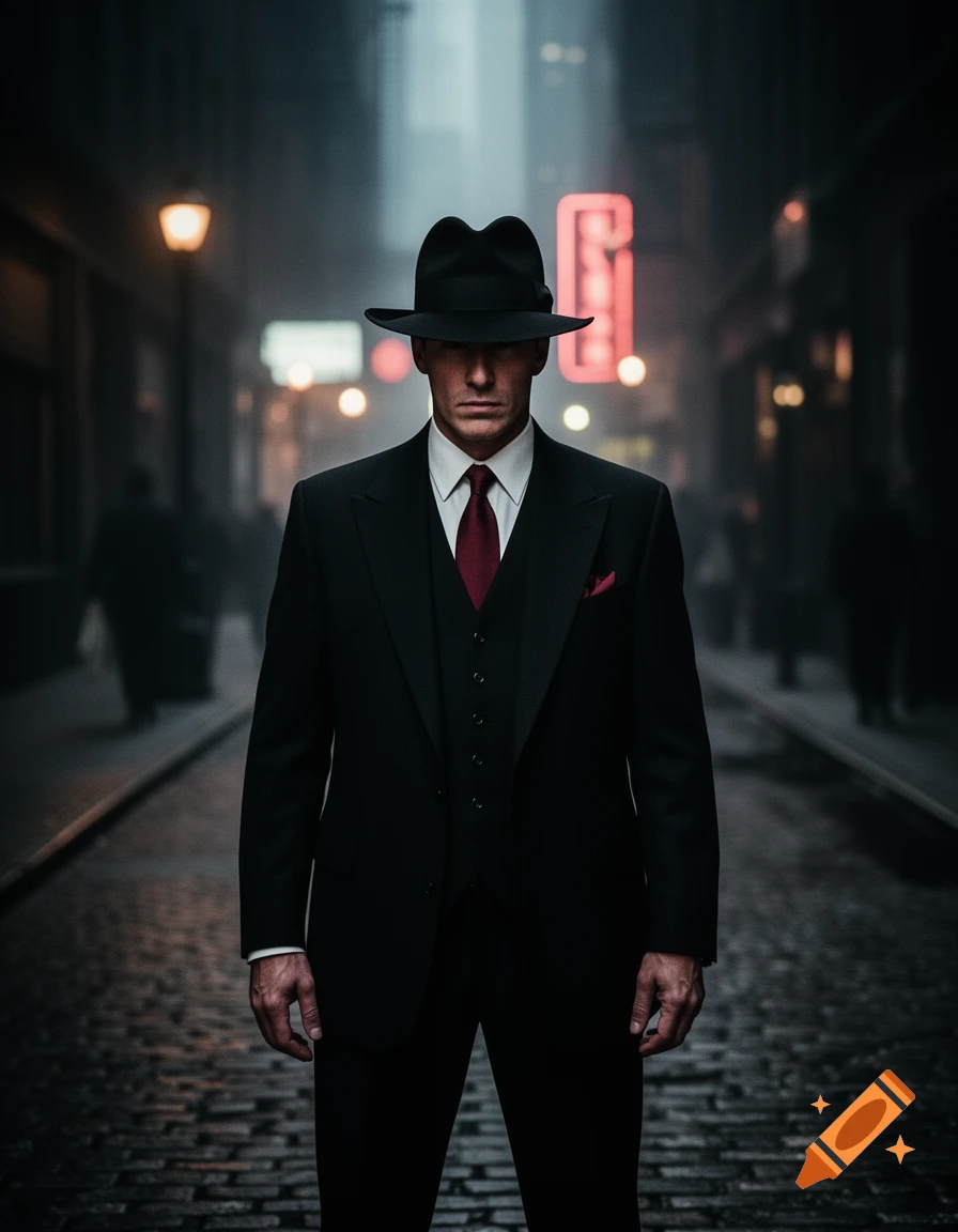 A man in a black suit, fedora, and red tie stands on a cobblestone street in a dark, atmospheric city at night.