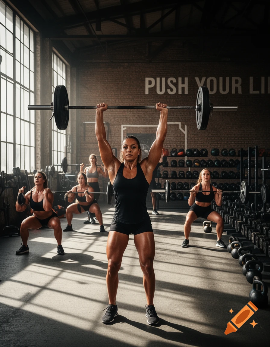 Muscular women lift barbells and kettlebells in a gym, led by a woman performing an overhead press, photorealistic.