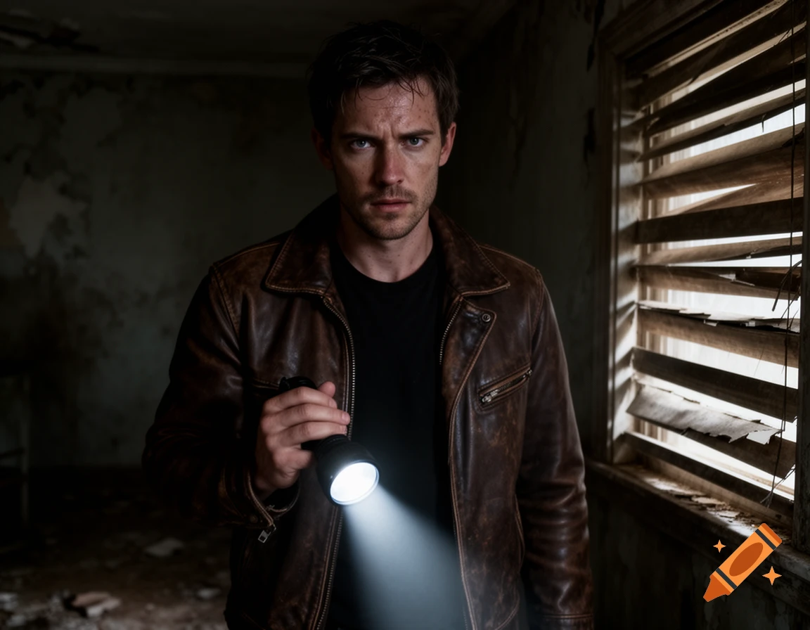 A man in a brown leather jacket holds a flashlight, illuminating a dark, dilapidated room as he looks forward.