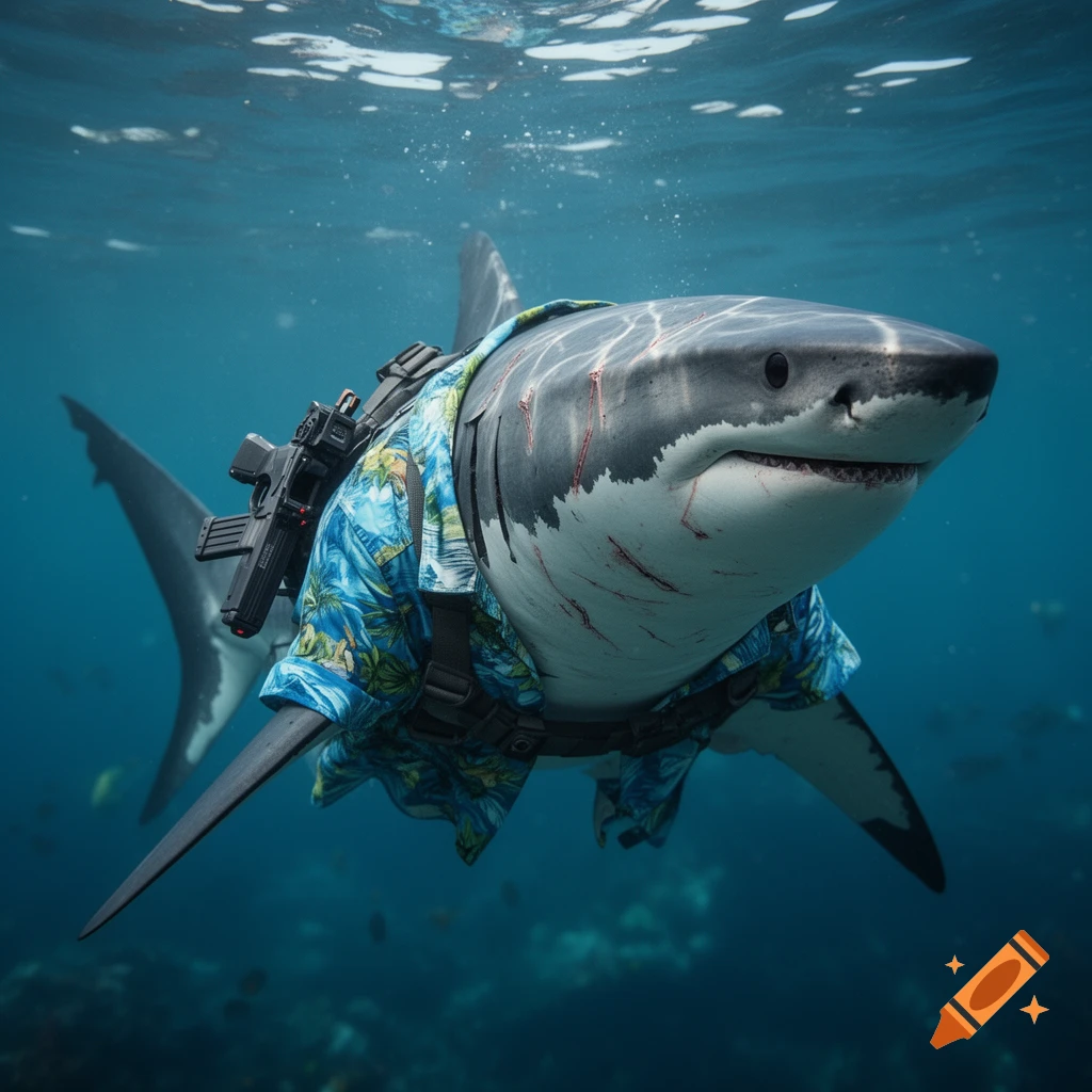 A great white shark wearing a blue Hawaiian shirt and tactical gear with a rifle on its back, swimming underwater.
