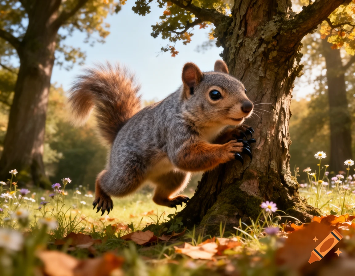 Photorealistic squirrel climbing a tree trunk in an autumn forest with fallen leaves and wildflowers.