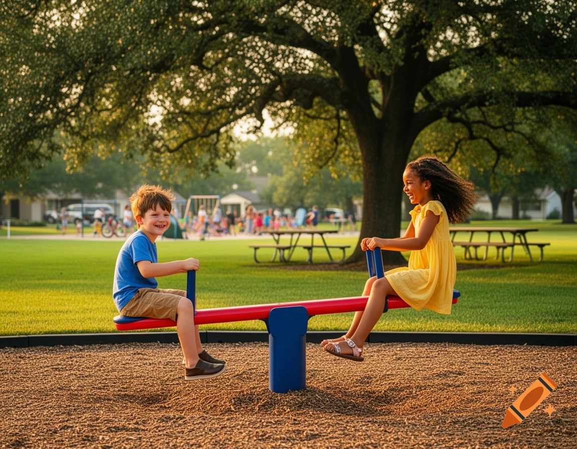 Two happy children on a seesaw in a sunny park with trees and other people in the background, photorealistic style.