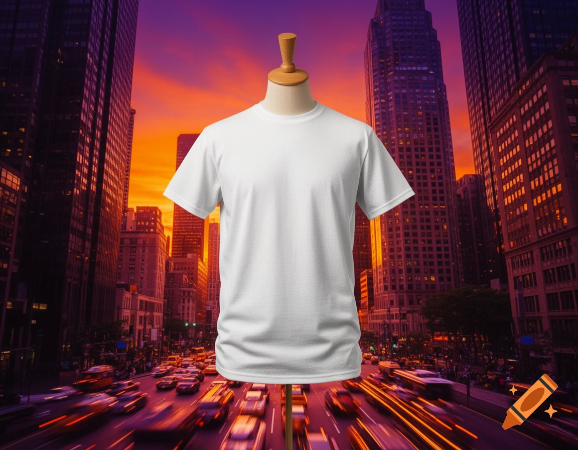 A white t-shirt on a wooden mannequin stands against a vibrant sunset cityscape with tall buildings and blurred car lights on the street below.