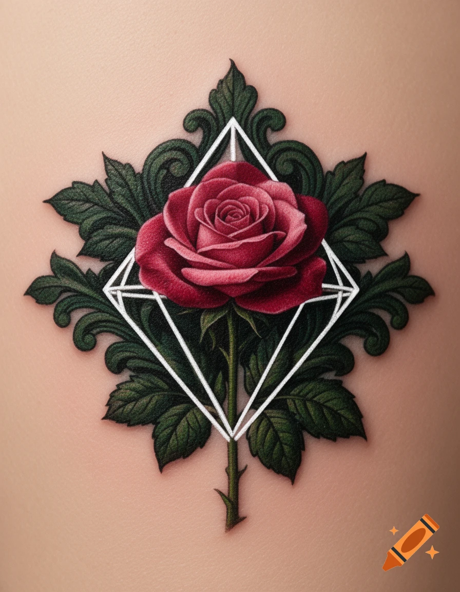 A stylized red rose with green leaves, framed by a white geometric rhombus, resembling a tattoo on skin.