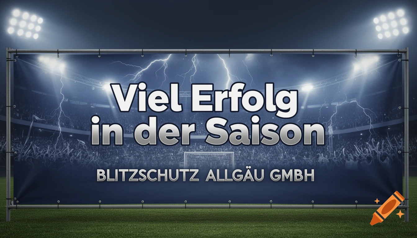 A large banner inside a sports stadium at night, lit by spotlights. The banner displays the German text "Viel Erfolg in der Saison" and "BLITZSCHUTZ ALLGÄU GMBH" with lightning effects.