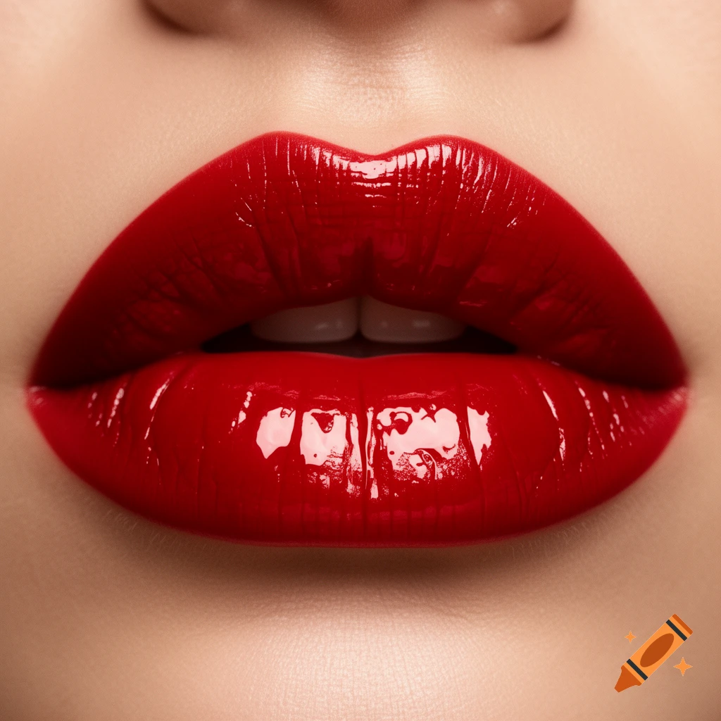 Close-up of glossy red lips with subtle skin texture around the mouth.