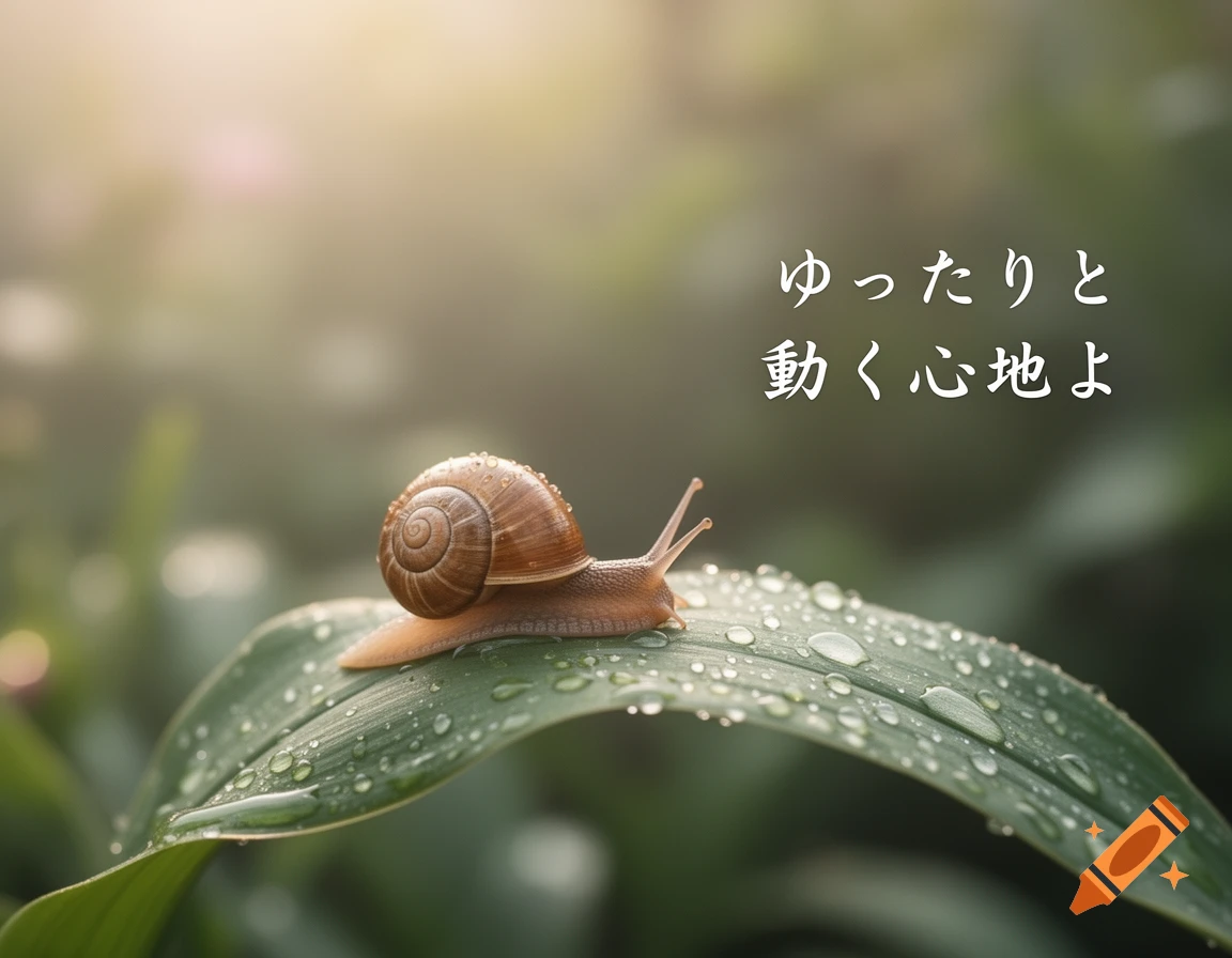 A photorealistic snail with a textured shell crawls on a dew-covered green leaf, with Japanese text in the upper right corner.