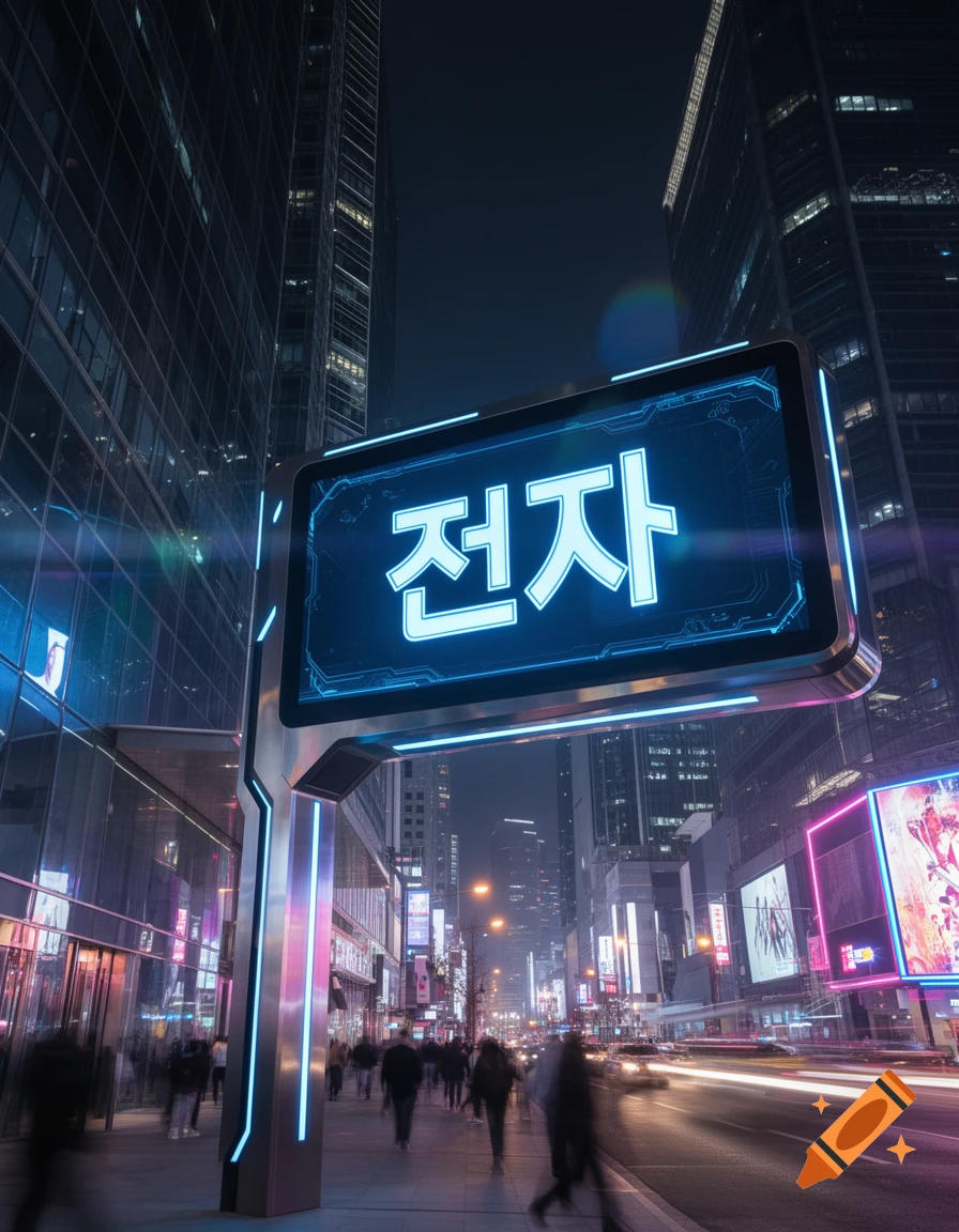 A neon-lit futuristic city street at night with tall buildings and a large glowing sign displaying '전자'.