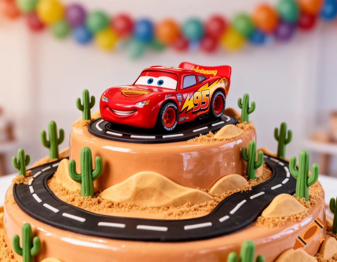 A detailed two-tier Disney Cars birthday cake with a desert road and cacti, topped with a Lightning McQueen toy. Colorful balloons in background.