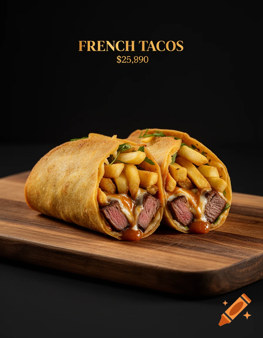 Two French tacos filled with steak, fries, and sauce on a wooden board. Text: FRENCH TACOS $25,890.
