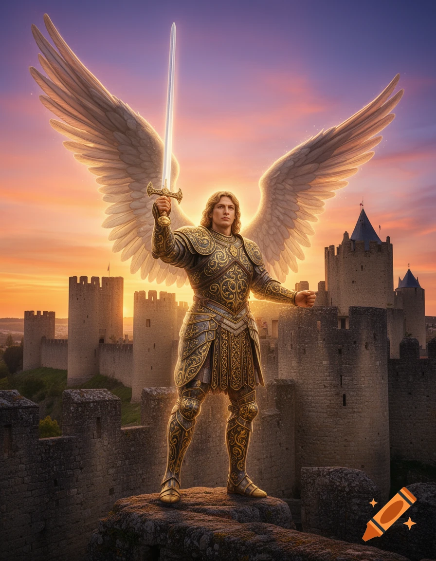 A majestic angelic warrior in golden armor with large wings holds a glowing sword, standing on a rock before a medieval castle at sunset.