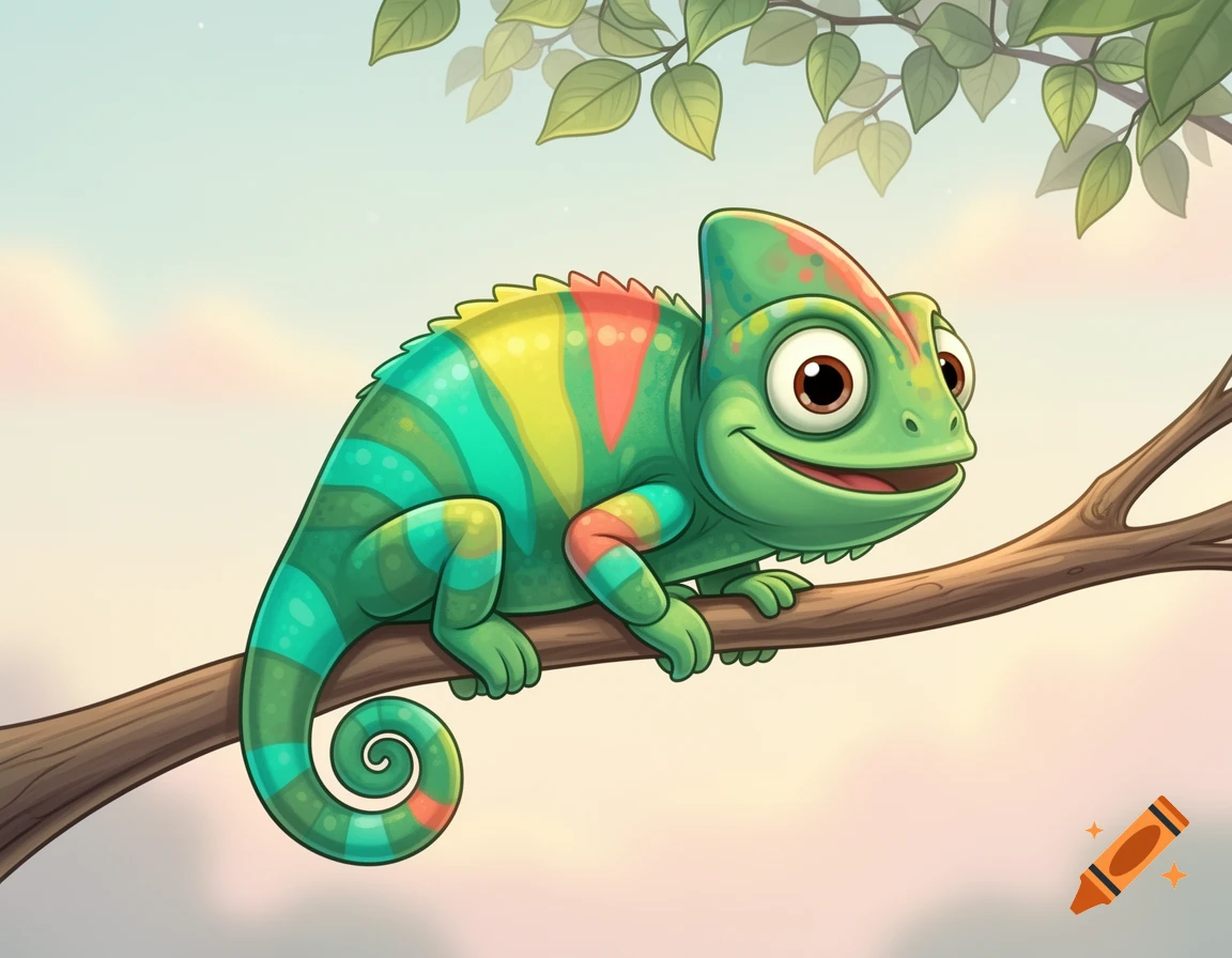 A cute, happy, multi-colored green cartoon chameleon smiling on a tree branch.