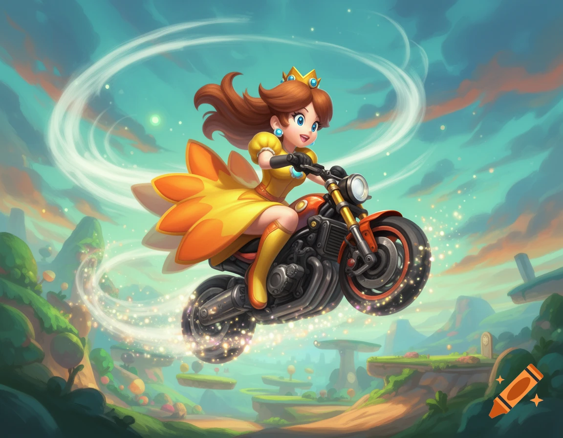Princess Daisy from Mario rides a motorcycle through a whimsical fantasy landscape in a dynamic action pose.