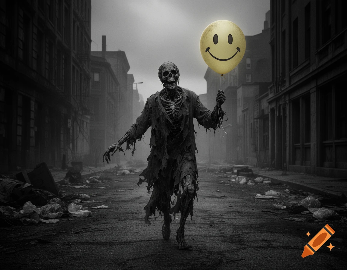 A skeletal figure in tattered clothes walks through a desolate, dark cityscape, holding a glowing yellow smiley face balloon.