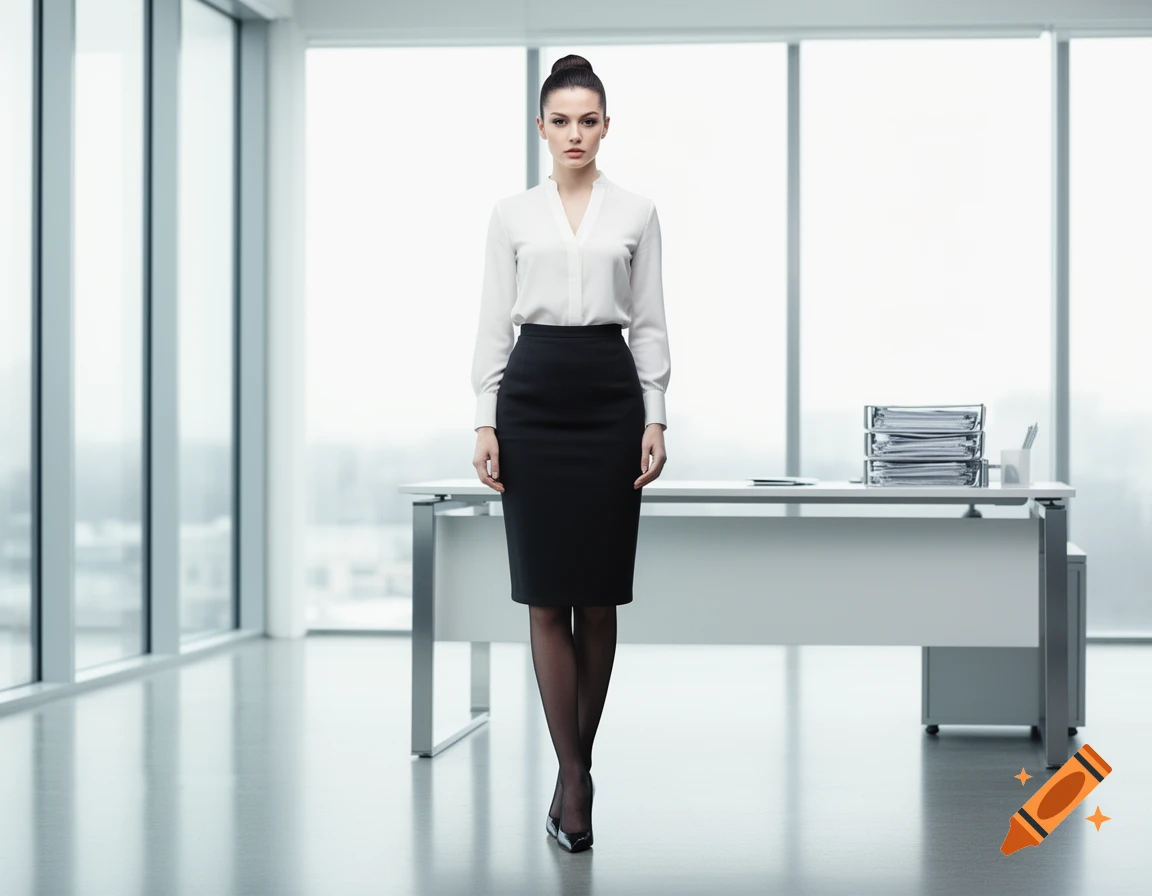 A serious woman in a white blouse, black skirt, and heels stands in a modern office with large windows.