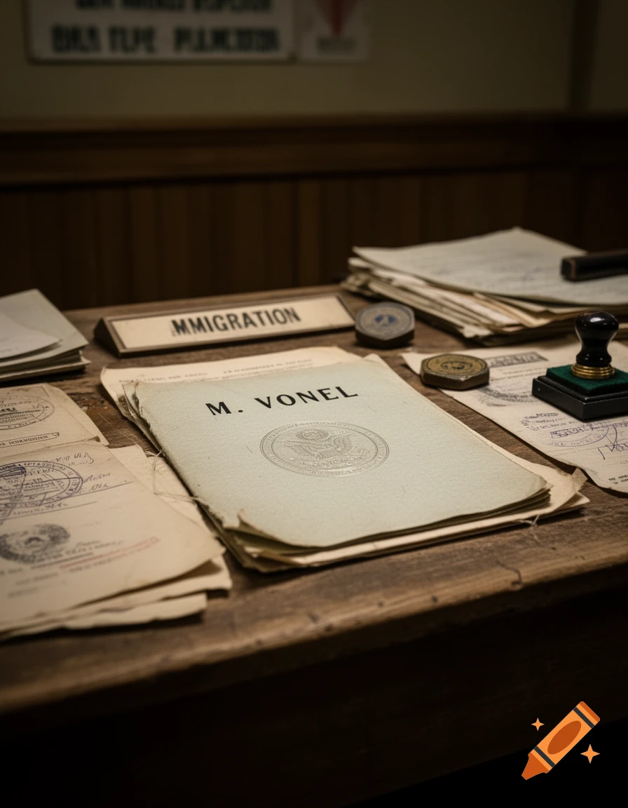 A close-up of an old wooden desk covered with stacks of yellowed documents, stamps, and a nameplate reading "MMIGRATION". The main document visible says "M. VONEL".