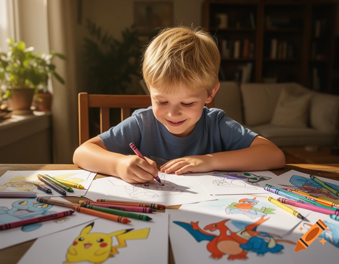A smiling boy with light hair sits at a table, coloring Pokémon drawings with crayons. Photorealistic.
