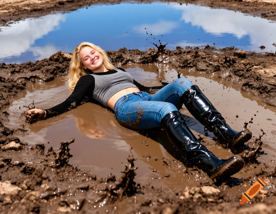 A happy blonde woman wearing a crop top, jeans, and black over-the-knee boots lies smiling in a large mud puddle.