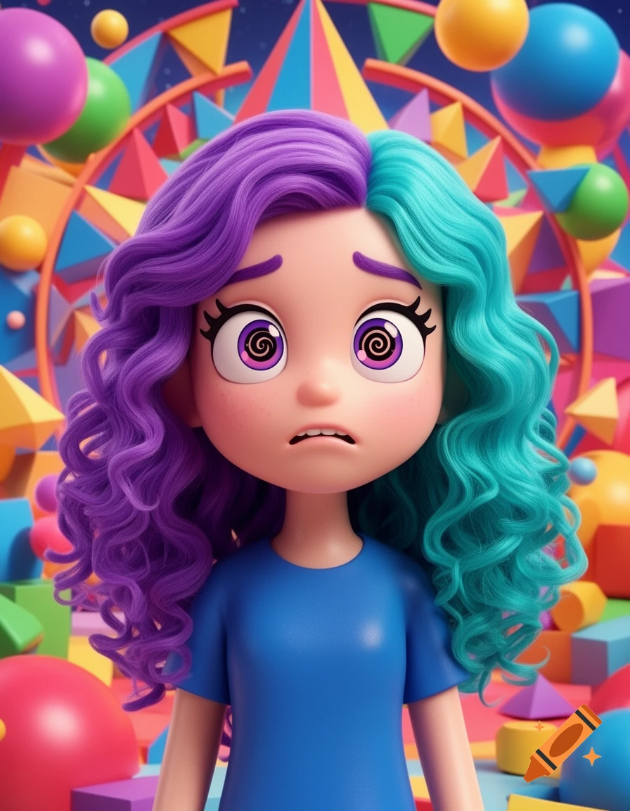 A 3D cartoon girl with split purple and teal curly hair, spiral eyes, and a nervous expression stands in a colorful, whimsical digital circus background.