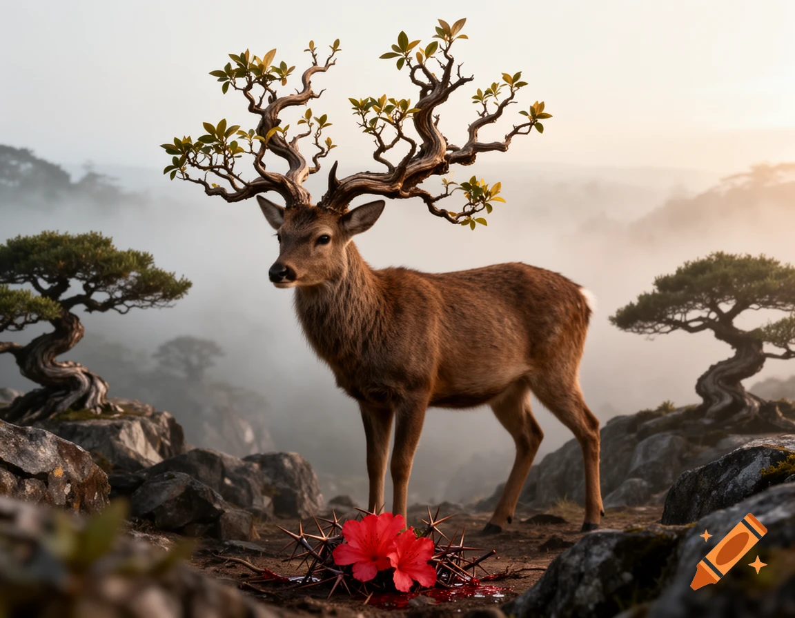 A photorealistic stag with twisted, leafy bonsai branch antlers stands in a misty, rocky landscape with bonsai trees and a red thorny flower.
