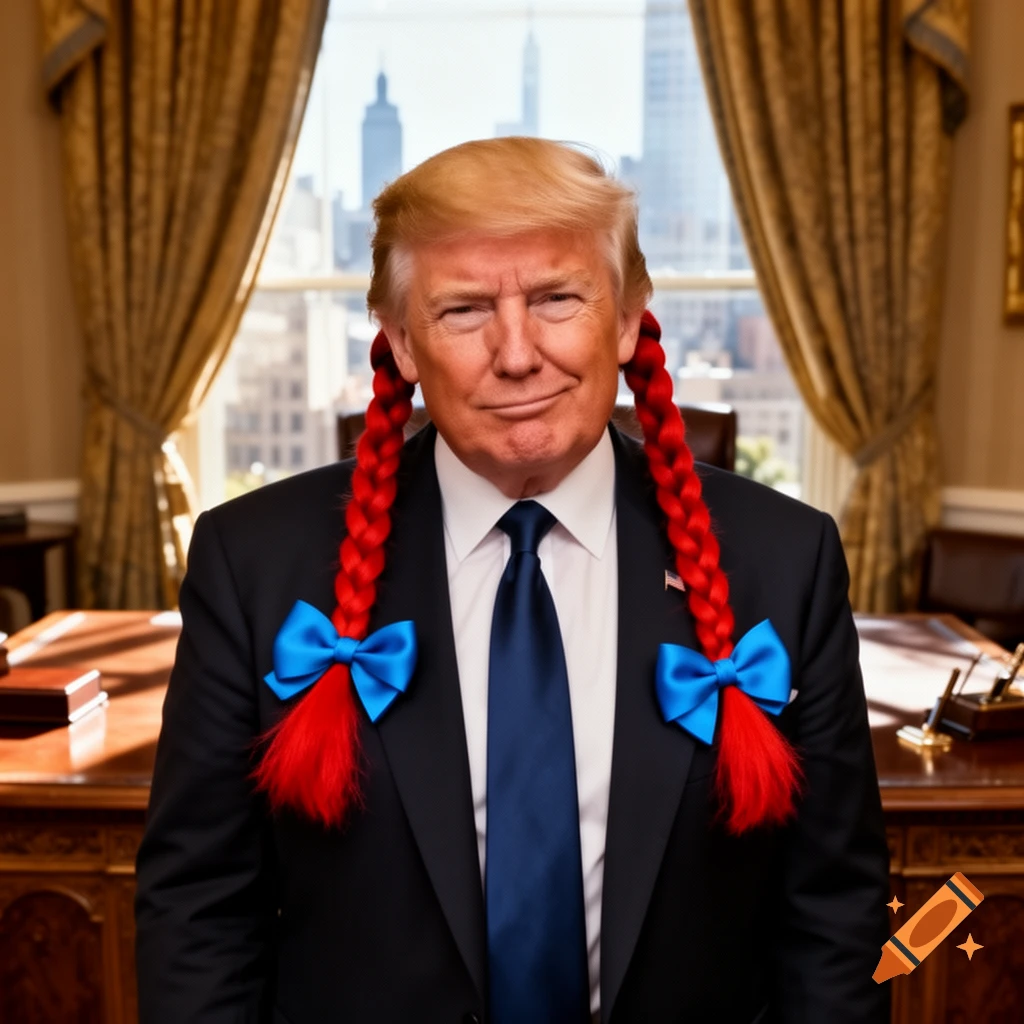 Donald Trump smiling, wearing a suit and red braided pigtails with blue bows, in an office with a city view.
