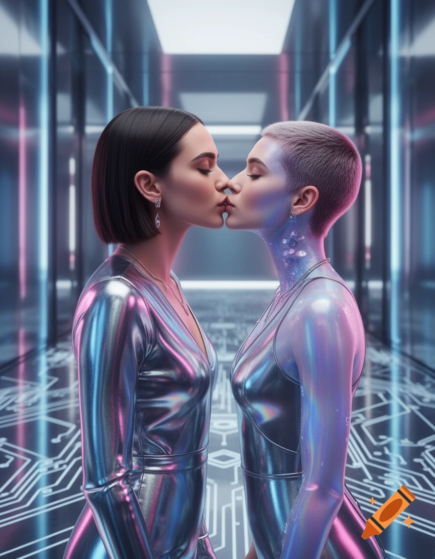 Two women in shiny, futuristic outfits share a kiss in a neon-lit, circuit-patterned hallway.