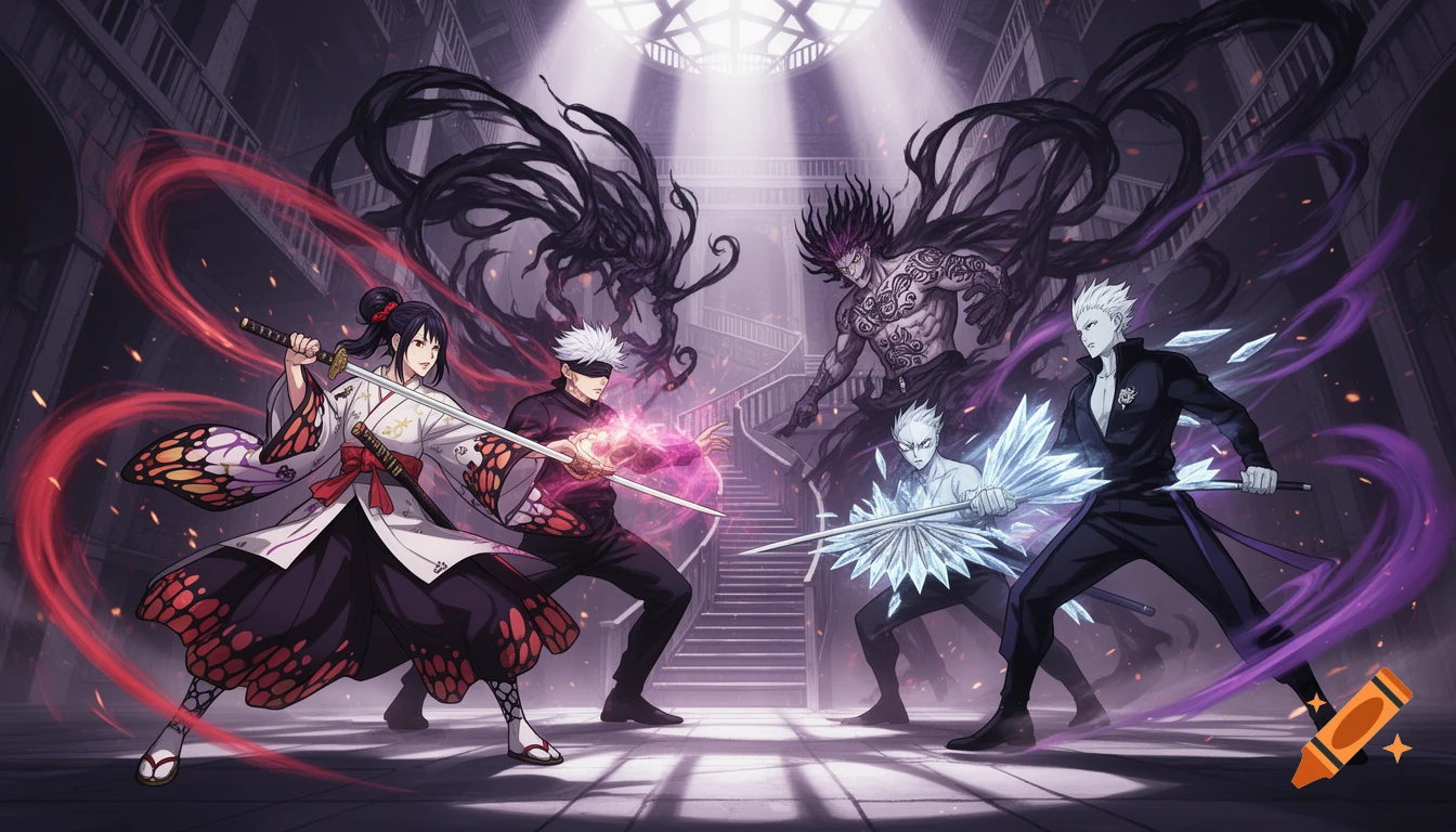Anime-style fantasy battle featuring four characters: a woman with a katana, a blindfolded man with pink energy, a tattooed man, and a man with ice fans, in a dark, grand hall.