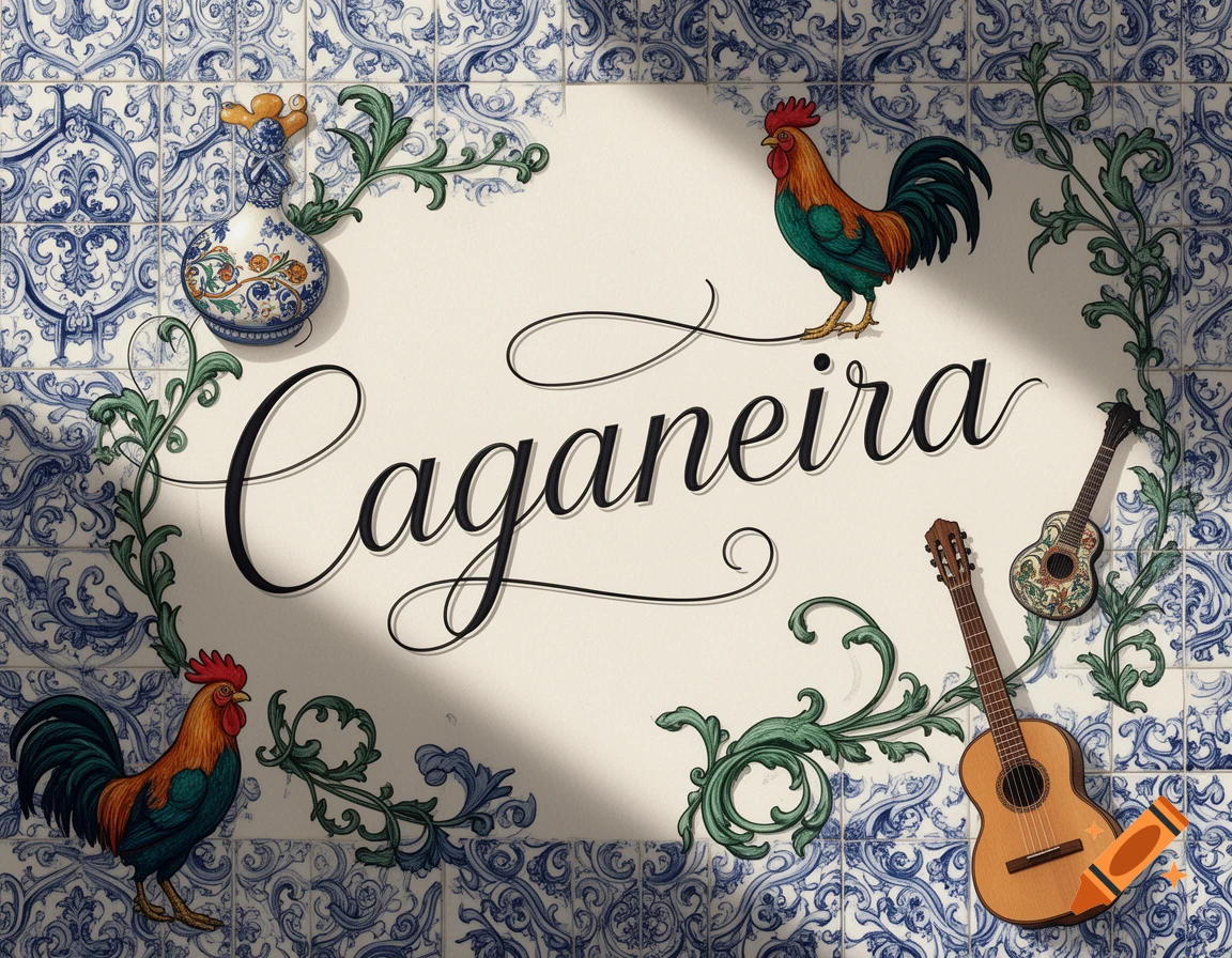 A decorative design featuring the word "Caganeira" in script, surrounded by colorful roosters, a vase, and two guitars, all set against a background of blue and white Portuguese tiles and green foliage accents.