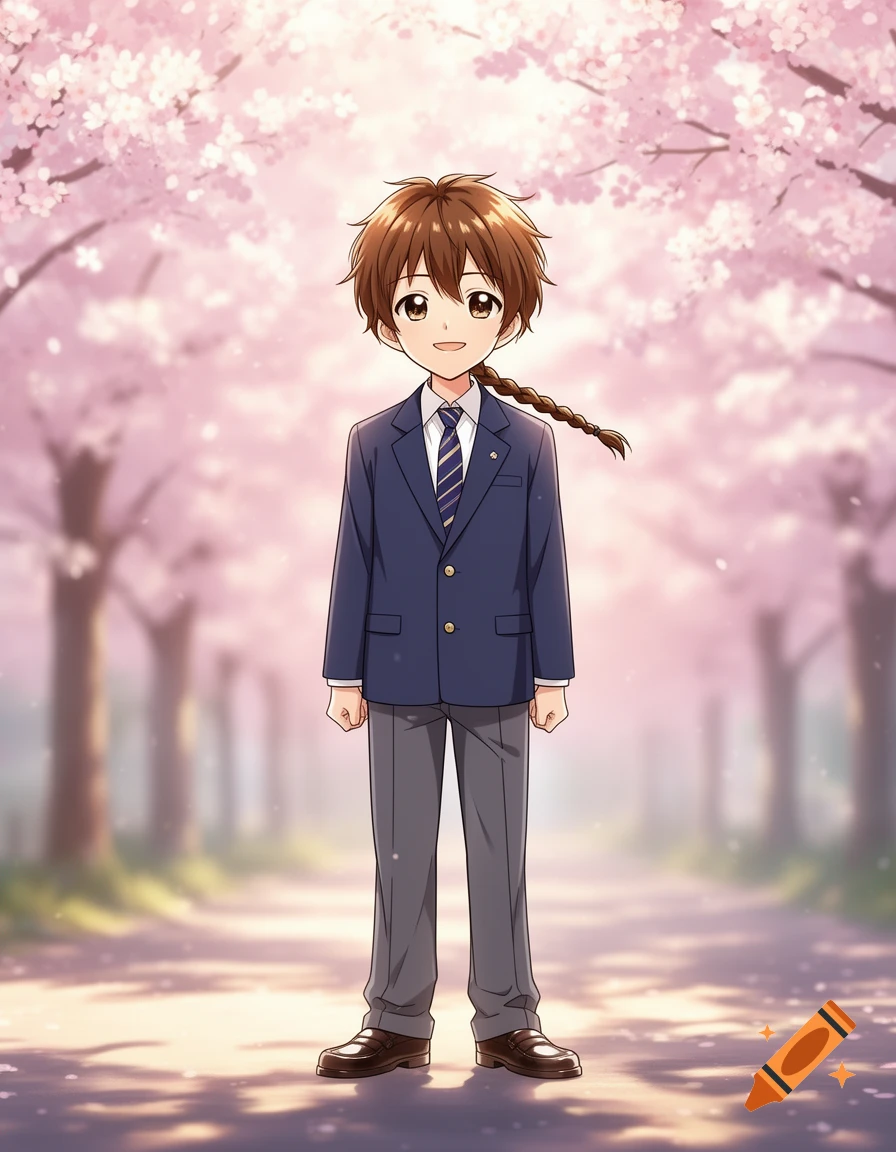 Anime schoolboy with brown hair and a braid, smiling under pink cherry blossom trees.