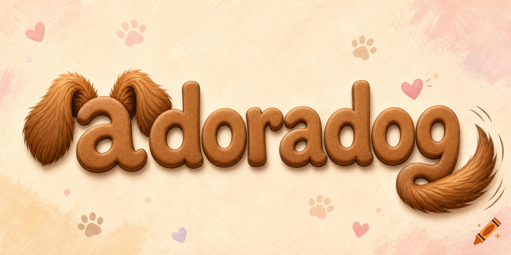 Stylized brown text spelling "adoradog" with fluffy dog ears on the first 'a' and a furry dog tail on the 'g', set against a light background with pink and purple paw prints and hearts.