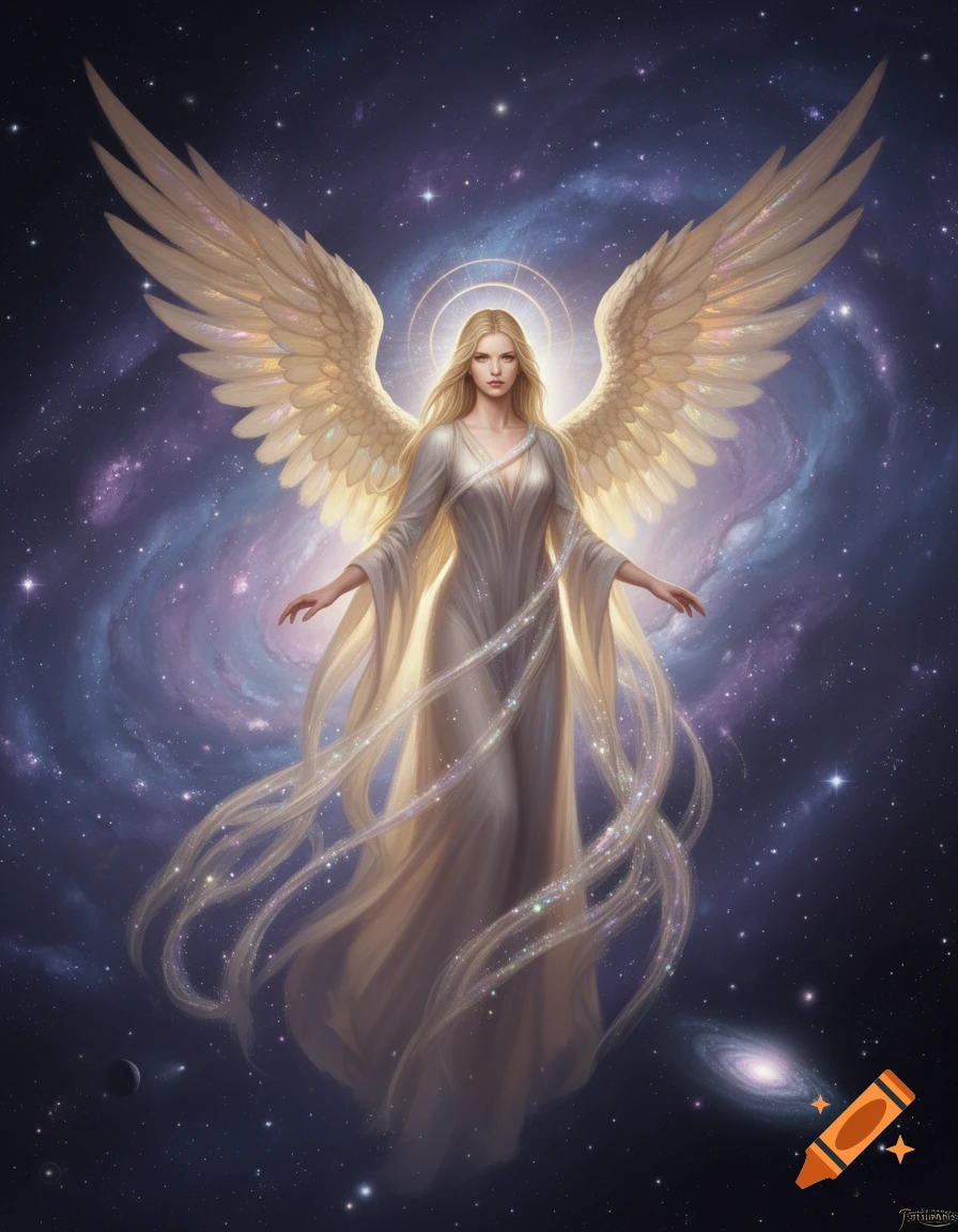 An angelic woman with long blonde hair and large golden wings stands in a white, flowing gown amidst a cosmic background of swirling galaxies and stars.