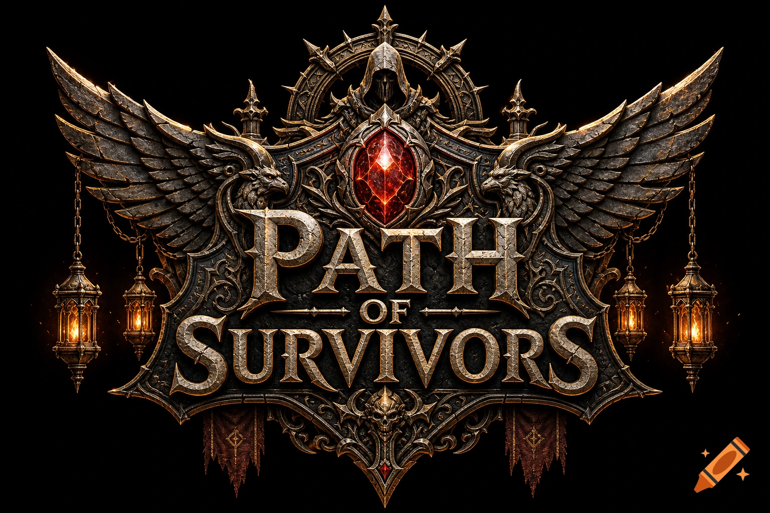 Ornate dark fantasy logo with embossed metallic wings, a red glowing gem, and hanging lanterns, featuring the text 'PATH OF SURVIVORS'.