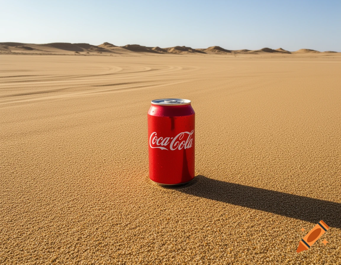 A red Coca-Cola can stands upright in the vast, sandy desert under a clear sky, casting a long shadow.
