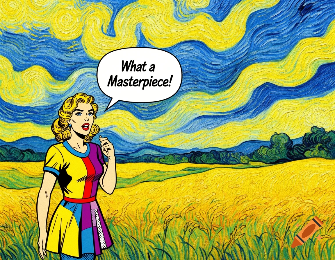 A pop art woman in a colorful dress stands in a field under a swirling, Van Gogh-style sky, saying "What a Masterpiece!"