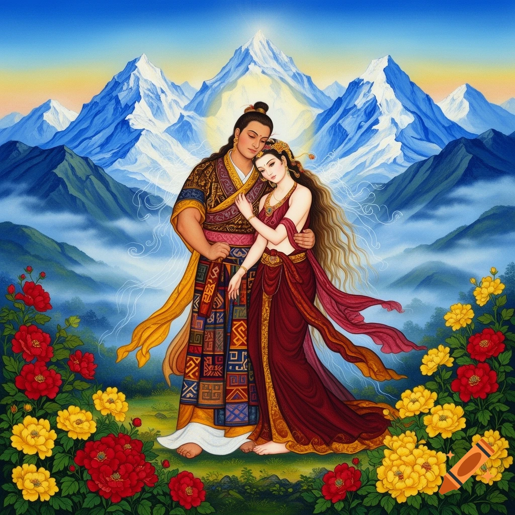 A man and woman in traditional ornate clothing embrace in a vibrant mountain landscape with red and yellow flowers.