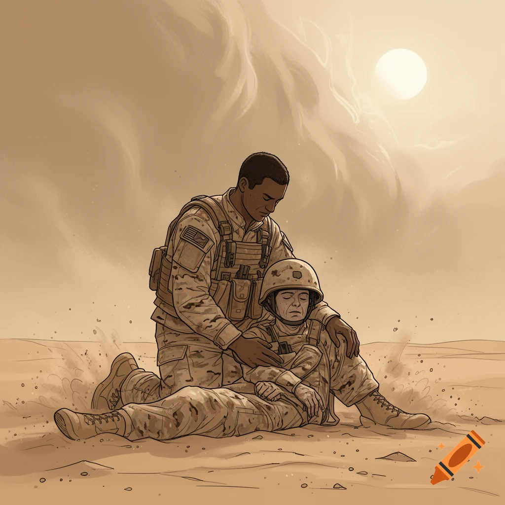 An illustration of a soldier in a desert kneeling and holding another soldier lying on the ground. The sun is bright in the sandy sky.