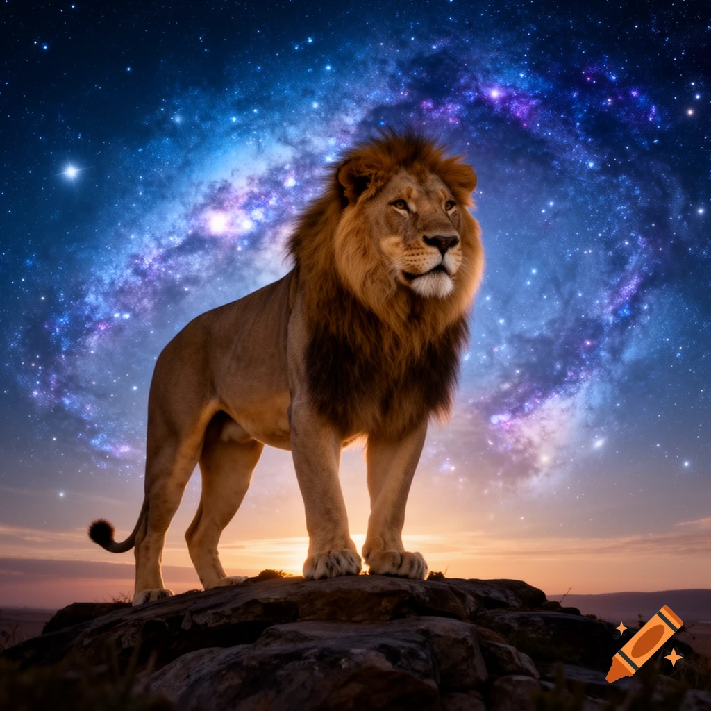 A majestic lion stands on a rocky hill, silhouetted against a vibrant purple and blue galaxy sky at sunset.