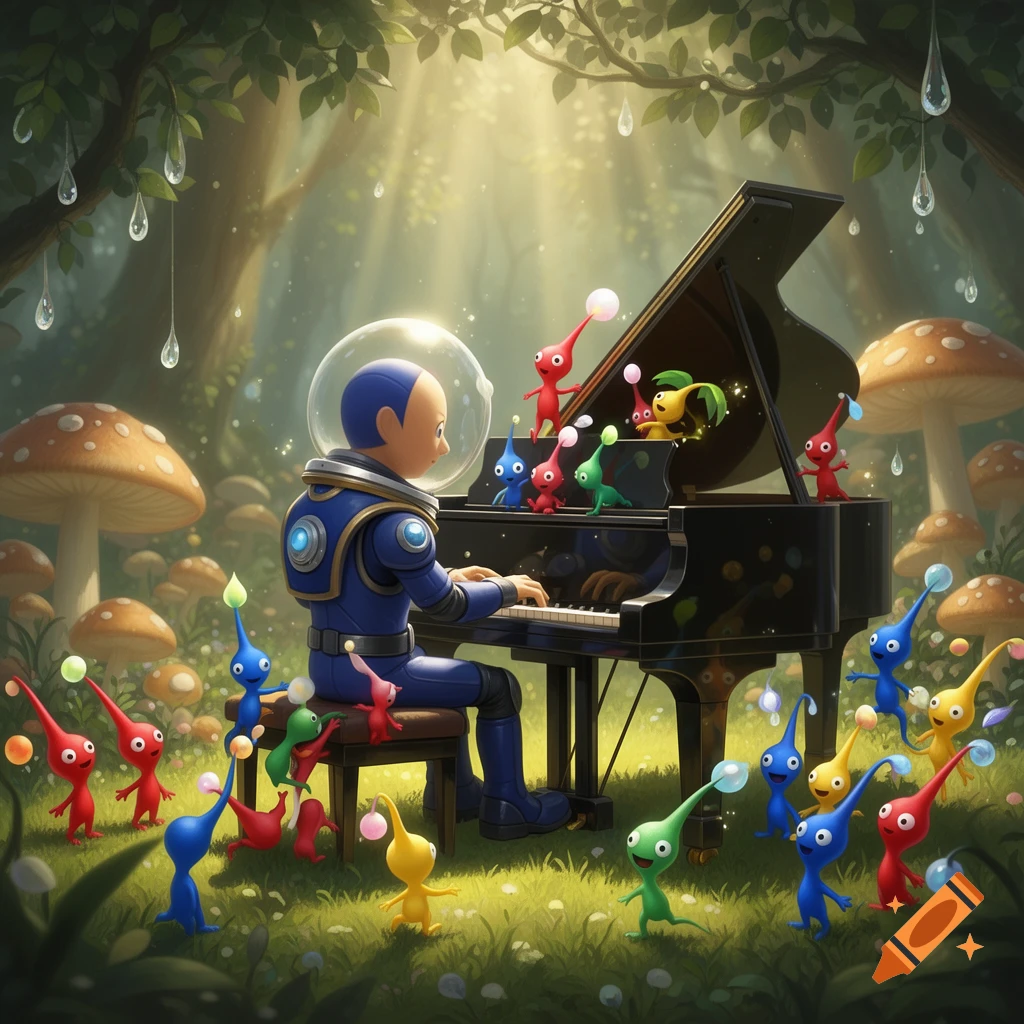 Alph, an astronaut-like character, plays a grand piano in a lush, sunlit forest, surrounded by colorful Pikmin.