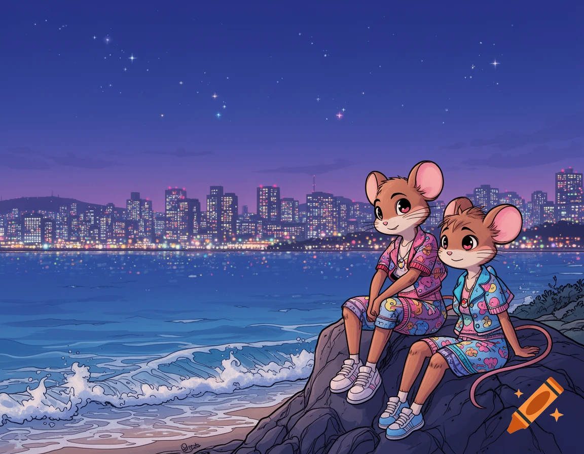 Two cartoon mice sit on rocks by the sea, gazing at a brightly lit city skyline at night in comic style.