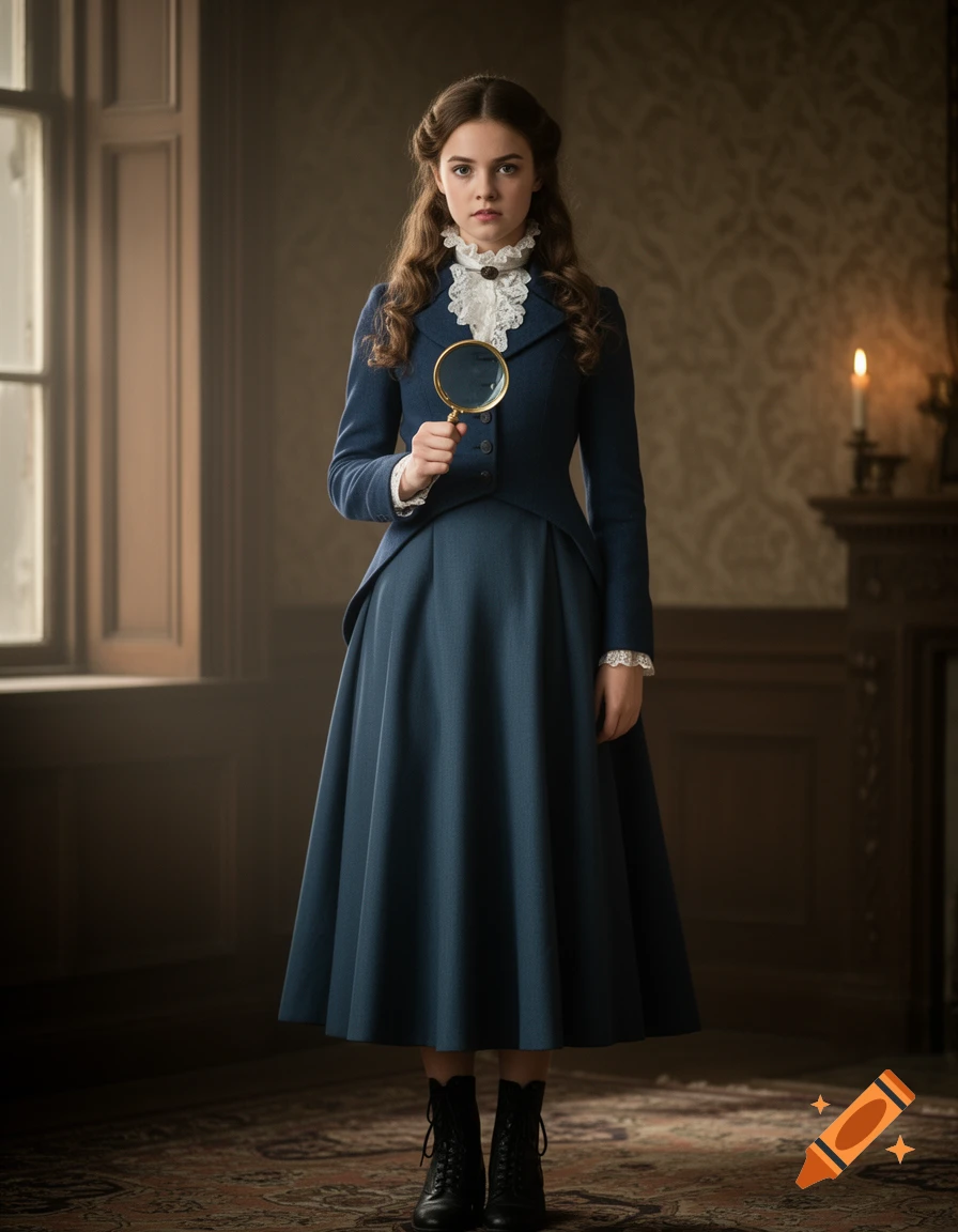 A young woman in a blue Victorian dress and boots stands in a dimly lit room, holding a magnifying glass.
