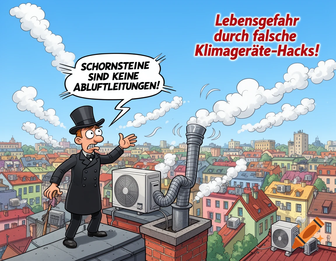 Cartoon of a man in a top hat on a city rooftop, alarmed by an air conditioner vent connected to a chimney, with text warning about dangerous AC hacks.