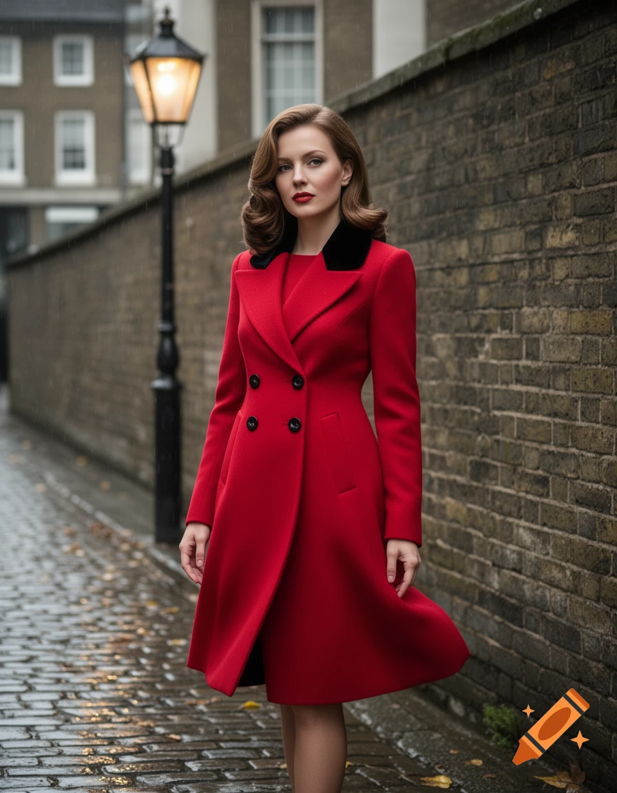 A woman in a stylish red coat stands on a wet cobblestone street, next to a brick wall and a lit streetlamp.