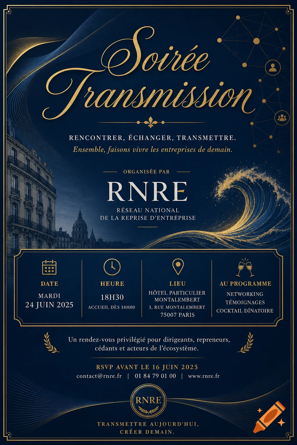 Elegant blue and gold invitation poster for a business networking event, 'Soirée Transmission,' with a cityscape, abstract golden waves, and event details.